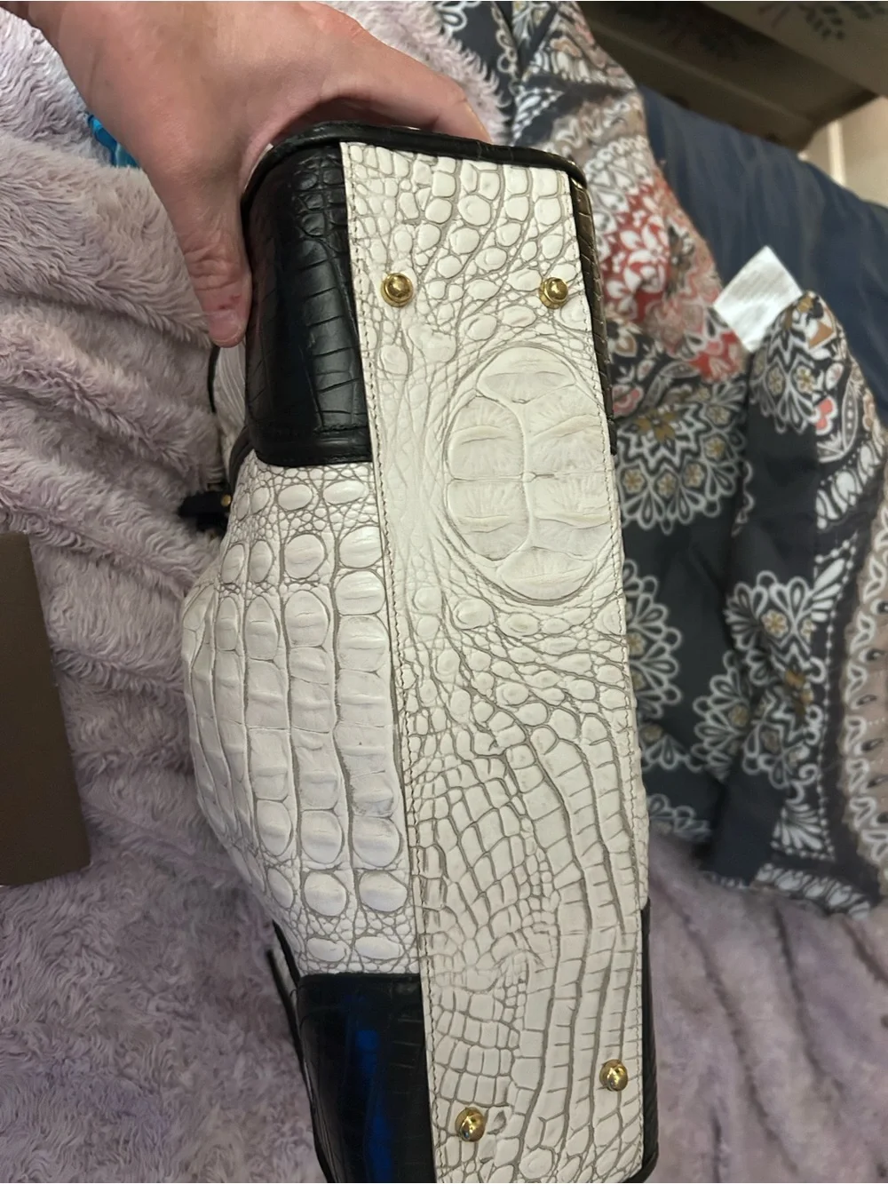 Brahmin White Croc-Embossed Satchel with Black Trim